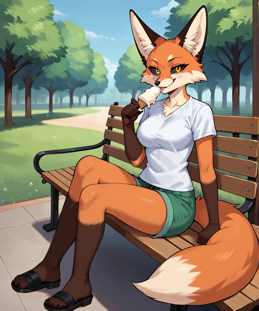 score_9, score_8_up, score_7_up, score_6_up, score_5_up, score_4_up, source_anime, furry, fox, detailed background, in park, lighting, (full view:1.1), sitting on bench
BREAK 1 girl, solo, orange fur, cowboy shot, black sclera, orange eyes, eating ice cream, smirk, view from up, looking at viewer, smug, , fox tail, breast,
BREAK (casual clothing:1.1), (white shirt:1.1), (green shorts:1.1), (sandals:1.1),
<lora:Alice_SDXL-000009:1>