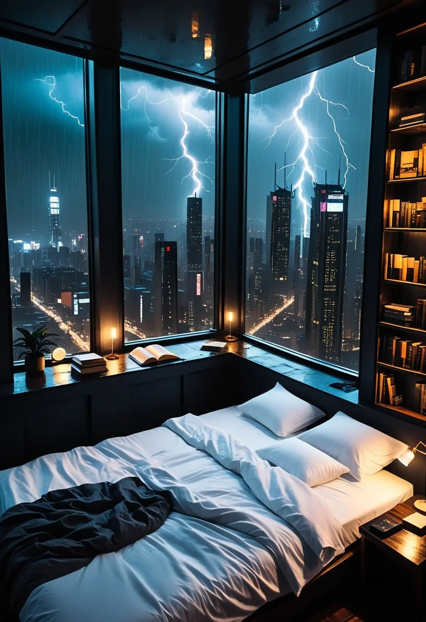 moody aesthetic, beautiful cozy, cramped bedroom with floor to ceiling glass windows overlooking a cyberpunk city at night, view from top of skyscraper, white bedsheets, bookshelves, thunderstorm outside with torrential rain, detailed, high resolution, photorrealistic, dark, gloomy,