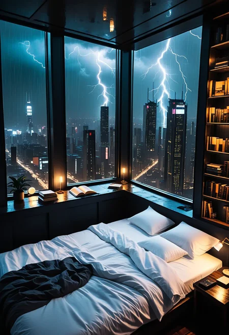moody aesthetic, beautiful cozy, cramped bedroom with floor to ceiling glass windows overlooking a cyberpunk city at night, view from top of skyscraper, white bedsheets, bookshelves, thunderstorm outside with torrential rain, detailed, high resolution, photorrealistic, dark, gloomy,