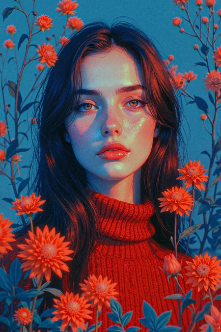 <lora:NeonFantasyPrimeFLUX:0.3>,<lora:flux-oilpainting1.3:0.2>,<lora:FLUX-Vintage_Abstract_Film:0.5>,art by Jakub Rebelka,character art by Ward Kimball,In this portrait,the woman  in a lush garden filled with blooming flowers. The portrait is painted in deep red hues and features intricate details that bring her to life with each brushstroke. animation art,Disney,whimsical,playful,portrait art by Even Mehl Amundsen,
background inspired,full color,glowing,inspired,