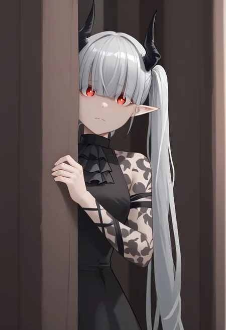 1girl, solo, peeking out upper body, chained_sarkaz_girl, black dress, single leg pantyhose, asymmetrical clothes, patterned clothes, single sleeve, black sock, kneehigh, black footwear, high heels, black ascot, hair over eyes, eyes visible through hair, demon horns, blunt bangs, red eyes, pointy ears, pale skin, white hair, grey hair, twintails