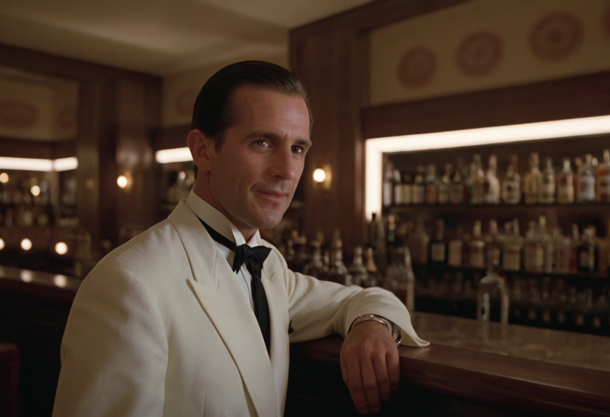 bartender, closeup, bar, indoors, Overlook Hotel, CineShining, highly detailed, 4K, (stylish grainy analog 35mm film photo)