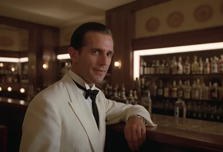 bartender, closeup, bar, indoors, Overlook Hotel, CineShining, highly detailed, 4K, (stylish grainy analog 35mm film photo)