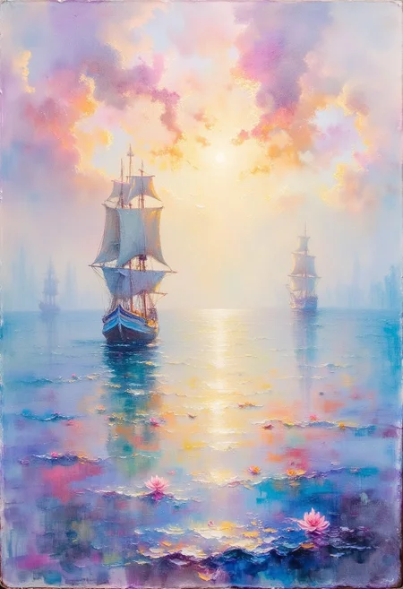 A Textural Reverie:
Set Sail Upon Calm Seas
Paint dabs pirouette
Drying into distant ports,
leaving ripples--
Wet-on-Wet,
no need to trace
a defined edge here.
Let spontaneity rule,
Embrace each brushstroke
with its unique mark,
layer upon layer building
texture--
Watercolor dreams
await on virgin pages;
translucent blooms burst forth,
leaving ghost stains and ghosts behind;
Serenity saturates the soul,
submerged in sublime visions:
that ephemeral vessel, that horizon-line meeting--lost
Somewhere beyond time-space--
This painting sings quietly, its song unnoticed.
color-field, French, Impressionism, landscapes, Plein-air, seascapes, water-lilies,
impressionist painting, loose brushwork, vibrant color, light and shadow play, captures feeling over form,
figure-studies, Impressionism, landscapes, nature, oil-painting, romanticism, painting, elegance, opulence,
ArsMJStyle, impressionism