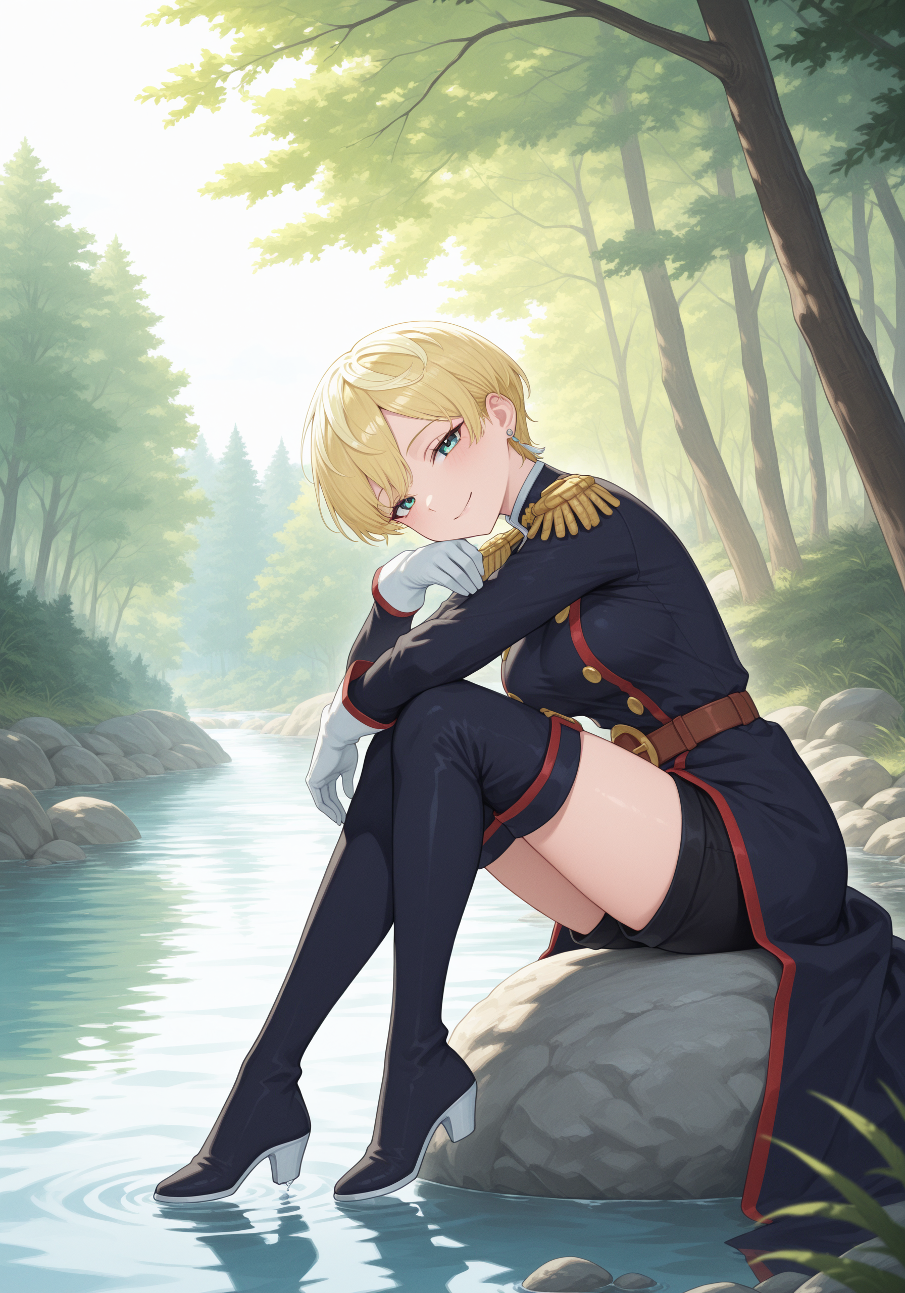 1girl, <lora:tenka_sn40:1>, tenkzumo, blonde hair, single earring, military uniform dress, epaulettes, black shorts, brown belt, white gloves, black thigh boots, smile, looking at viewer, resting head on legs,
standing, straight shot, cowboy shot, detailed, clean linework, shading, vibrant, atmospheric, wind, cinematic lighting, 
river, water, forest , trees, sitting on a boulder, full body view,
high resolution, ultra-detailed, absurdres, masterpiece, best quality, good quality, newest, vibrant, colorful,