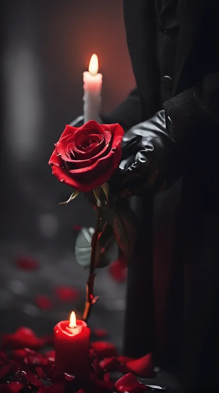 ,wwm,solo,1boy,gloves,male focus,coat,monochrome,black gloves,beij,candle,flower,no humans,rose,blurry,red flower,still life,red rose,petals,depth of field,blurry background,leaf,rose petals,<lora:beij528:0.7>