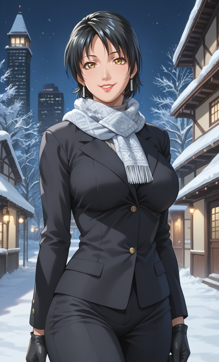 score_9, score_8_up, score_7_up,<lora:Expressive_H:1.2>, <lora:3ible_3lack:0.3>, Bibl3,
Minase Yukiko, (1girl:1.3), (short hair), black hair, yellow eyes, lipstick, earrings, parted lips, <lora:Minase Yukiko3216PDXL:0.8>
rating_safe,
solo, alone,
(large breasts:1.2),  
thick thighs, big ass, curvy,
 looking at viewer, winter clothes, scarf, gloves, snow, outdoors, night city, standing, cowboy shot, blue eyes, smiling, pov in a date,