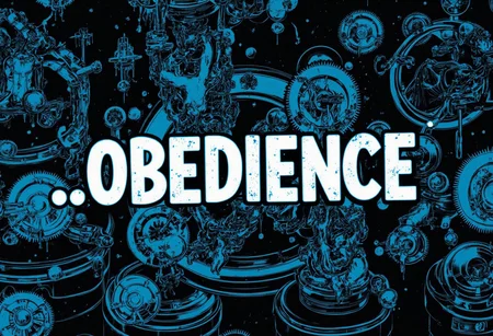 the words ...OBEDIENCE' written in large font fills the front of frame. In the back of frame weird man with in a dark room with checkerboard blue lotus PEOPLE ARE trapped inside machinery, people crushed inside mechanical gears, high gore arms crushed and bent, signs of wailing, people in business suits trapped in machinery. floors with blood on the ground with a white interior cyber tech electricity electical circuits illuminati symbols with brains and vaginas with high technology alchemical background lightning bolts