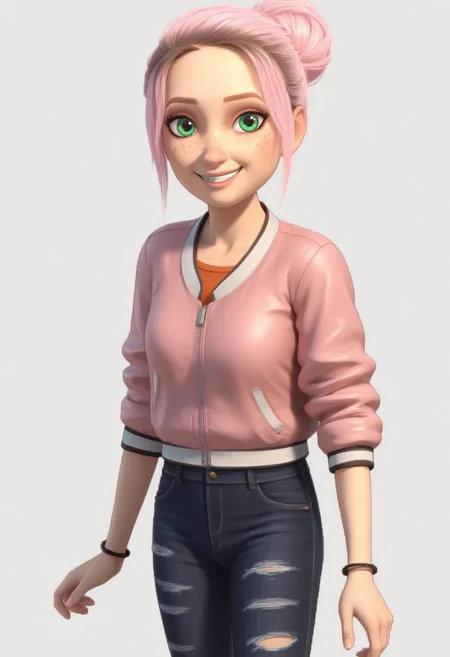 1girl, solo, Br00klynn, green eyes, freckles, pink hair, short hair, single hair bun, bracelet, pink jacket, black pants, denim, torn pants, sneakers, white footwear, <lora:Brooklynn - Camp Cretaceous-000010:1>, looking at viewer, smile, score_9, score_8_up, score_7_up, cowboy shot, standing, white background, simple background,