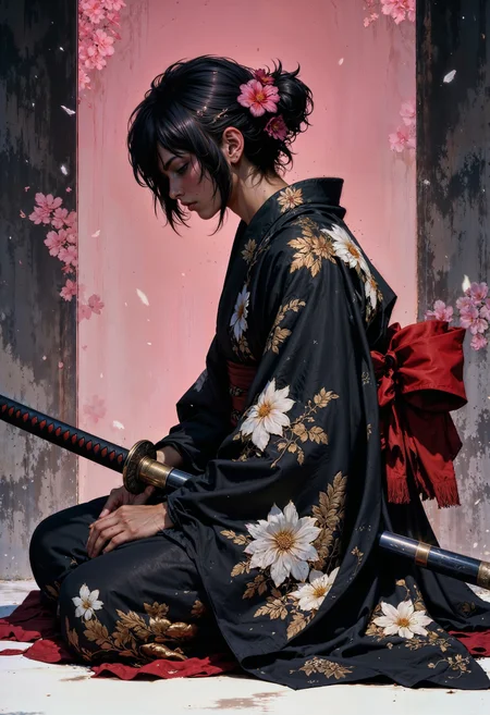 side view, A digital artwork depicting a stoic, seated female samurai in traditional Japanese attire. The samurai, positioned centrally and slightly to the left, is clad in an ornate black kimono adorned with white floral patterns and red accents, indicative of high rank. Her dark, tousled hair is partially gathered and adorned with a pink flower and a decorative hairpin. Her serious expression and downward gaze convey contemplation or melancholy. She holds a katana, its sheathed hilt gleaming with gold, resting on the ground beside her. The katana's blade is partially visible, hinting at its sharpness. The background features a textured, abstract blend of dark and muted pink hues, suggesting a stormy or tumultuous atmosphere. Snowflakes lightly fall, adding to the somber mood. The camera angle is slightly low, enhancing the samurai's imposing presence. The overall style is realistic with a touch of dramatic fantasy.