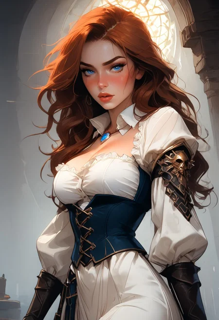 Safe_pos, (score_9, score_8_up, score_8), ultra detailed, high resolution, high quality, masterpiece, intricate details, intricate body, intricate landscape, knva, Expressiveh, hkmagic, missfortune, European Instagram Model, Sorceress, Wizard, Casting Thunder Magic Spells, Magic Circle, Thigh Strap, Tavern, midnight, 1girl, source_cartoon, Petite, ((Dark-Auburn Hair, Blue Eyes, Full Lips, Delicate and Smooth Skin, Blush Perfect Body, Highly Detailed, Glossy Lips)), Beautiful, Attractive, (Long Hair, Shiny Hair), (perfect round breasts, large breasts), (Wizard), ((Femme Fatale)), Tight-Fitting Blue-and-White Dress, Thigh Slit, Corset, Sexy, Belt, Brown Thigh-High Boots, Fantasy, Medieval, ((Extremely Detailed Face and Eyes)), Looking at Viewer, (Flirty, Sly), Soft Lighting, Warm Lighting, Unique Angle, Unique Perspective, Dramatic Angle, ((Full Body)), From Above, Side Shot, ((Arched Back, Leaning Back)), Tomes in Background, 
<lora:add-detail-xl:1.5>,
<lora:Expressive_H:0.7>,
<lora:Kenva:1>,
<lora:incase_2024_new_style_upscaled_with_big_images:0.8>,
<lora:missfortune:0.65>,
<lora:Fantasy_Wizard__Witches_Pony:0.4>,