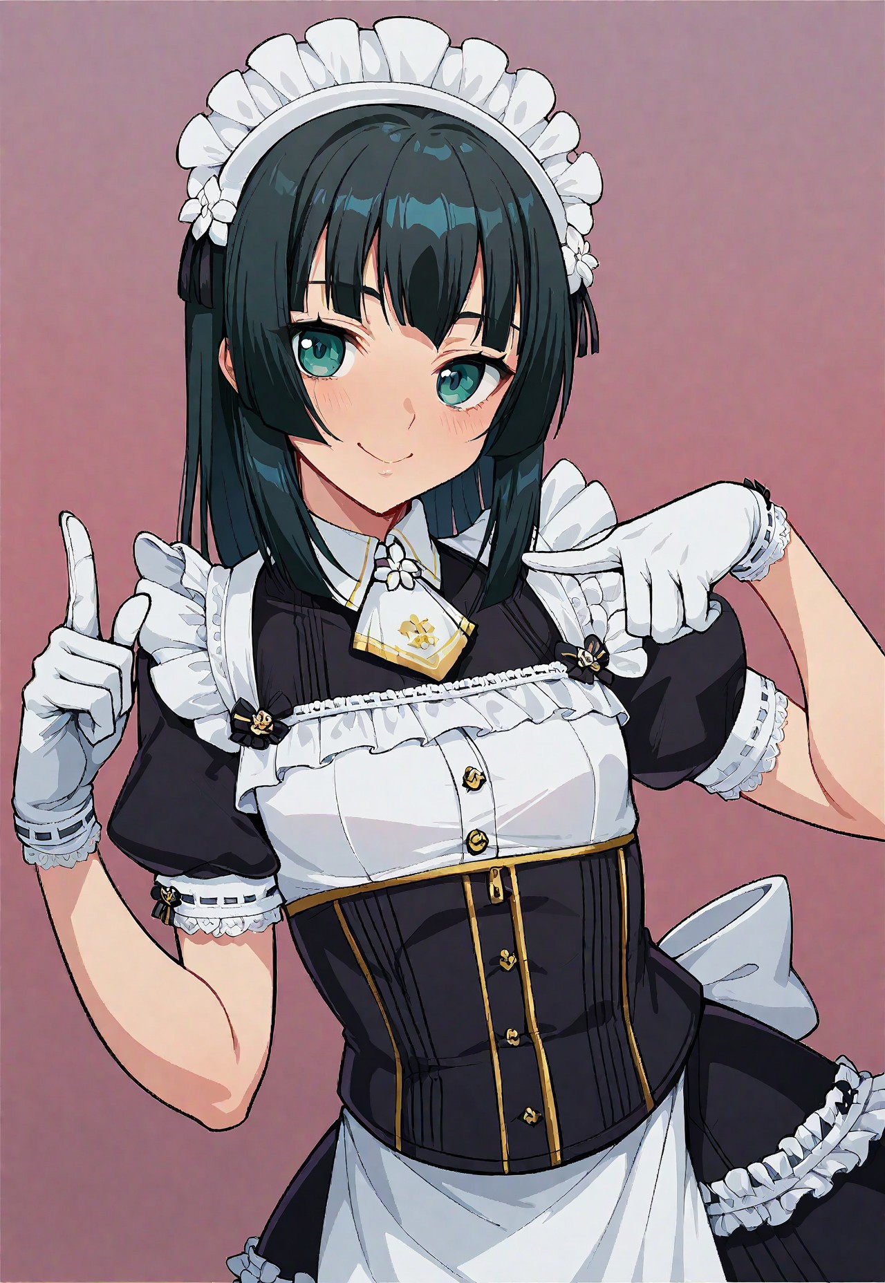 score_9, score_8_up, score_7_up, score_6_up, source_anime. zPDXL3, 1girl, solo,  looking at viewer, smile, pointing at self, Mafuyu, Sofia maid outfit, Sofia maid headdress, Sofia maid gloves