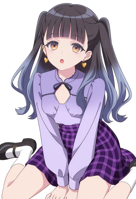 <lora:AZU NIISATA_illustrious-000036:1>,
AZU NIISATA,gradient hair,two side up,heart earrings,black hair,
purple shirt,plaid skirt,checkered skirt,purple skirt,clothing cutout,white socks,
solo,blunt bangs,open mouth,simple_background,white_background,cowboy_shot,wariza,sitting,mary jane shoes