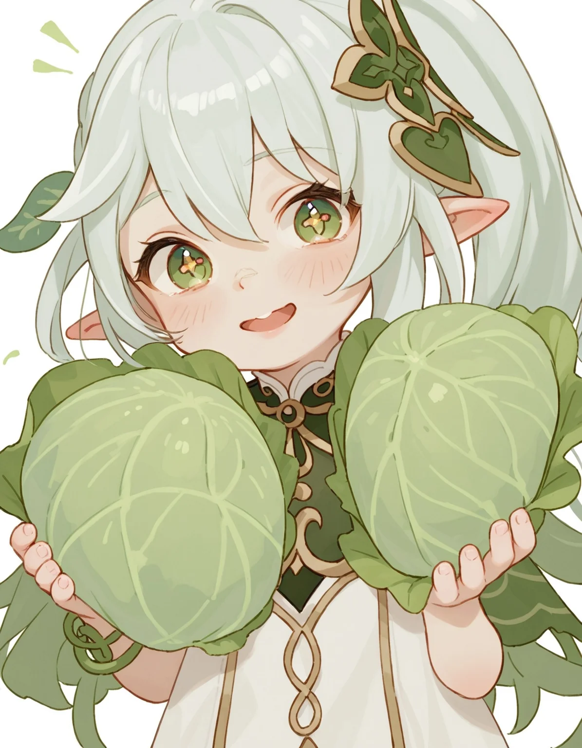 masterpiece, best quality, nahida (genshin impact), cabbage, crazy smile,