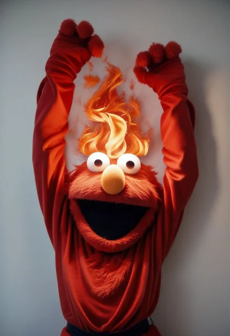 score_9, score_8_up, elmo, demonic laugh, arms up, upper body, (((flames in the background))), ElementFireXL, photo