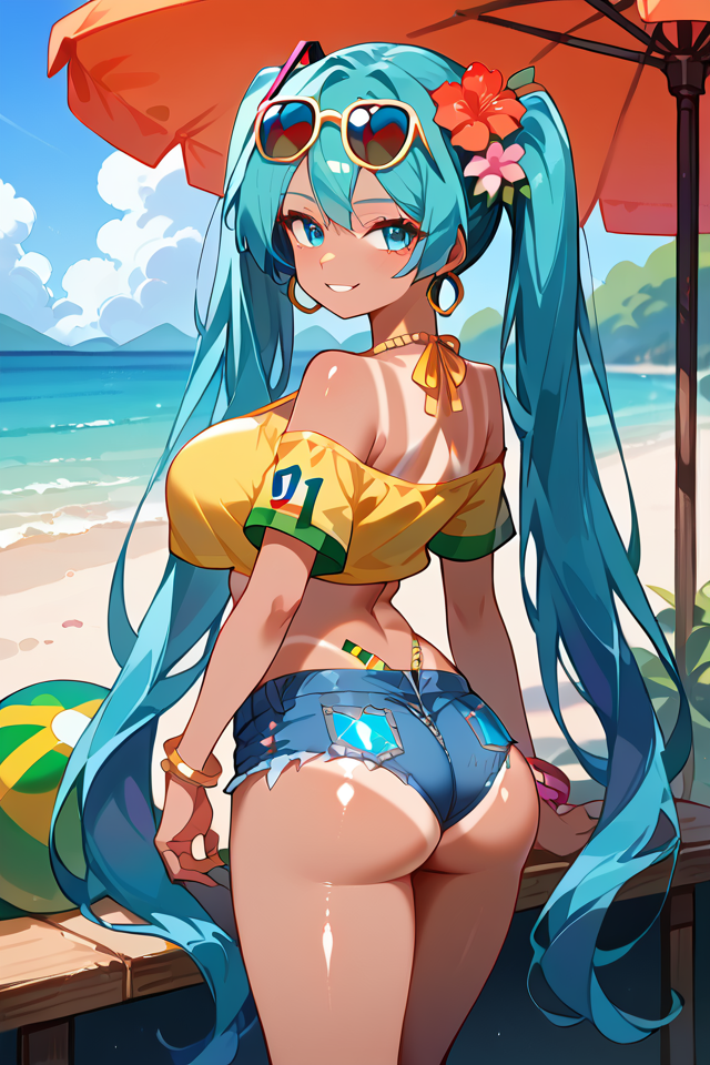 score_9, score_8_up, score_7_up, source_anime, (16k), masterpiece, absurdes, highly detailed, highres, high quality, 1girl, (solo), vocaloid, outdoors, cherry blossoms, cowboy shot, standing, looking at you, hatsune miku, (brazilian miku), blue eyes, aqua hair, absurdly long hair, twintails, dark skin, hair flower ornament, hoop earrings, sunglasses, eyewear on head, yellow shirt, single bare shoulder, short sleeves, midriff, belly chain, brazil flag print, blue bikini, halterneck, highleg bikini, side-tie bikini bottom, bikini under clothes, denim shorts, open shorts, tanlines, bracelet, necklace, sandals, close-up, shiny skin, smile, parted lips, (seductive smile), sexy, erotic, big breasts, horny expression, tanned, (brazil flag print), (yellow shirt), smug, smile, <lora:Brazilian Miku PonyXL-10:0.7>, <lora:Add Detail Tweaker X:0.7>, dark-skinned female, (looking back), ass, beach, perfect fingers, ultra detail fingers, collarbone, perfect face, ultra detailed face, curvy body, perfect legs, ultra detailed legs,