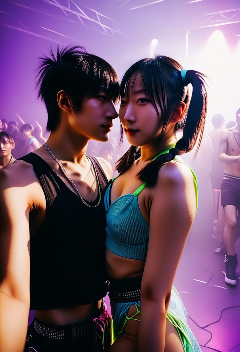woman, at a rave, low light, r4veclothes, r4ver, twintails, sexy, ((being intimate with a man)), 1girl, 1boy. hetero
