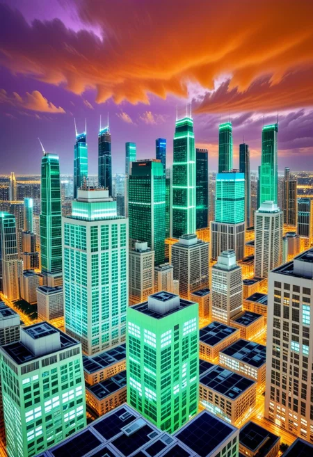 dark orange clouds illuminated by the city, purple sky, square and rectangular skyscrapers with white frequent square windows, shades of skyscraper windows light green, blue, dark blue, dark turquoise. The roofs of skyscrapers from dark squares to squares are illuminated with a dim blue square border, some skyscrapers are topped with diodes.