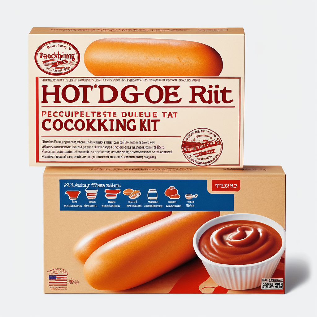 A packaging box designed for a hot dog cooking kit. The box should be visually appealing and sturdy, suitable for holding various hot dog cooking essentials like buns, sausages, and condiments. ,<lora:cornhotdog:0.6> 9hotdog,The design should incorporate classic American diner or fast-food aesthetics, perhaps using colors like red, white, and blue. The product name, 'Ultimate Hot Dog Cooking Kit,' should be prominently displayed on the box in English, using a font that is both legible and stylish. Imagery on the box could include illustrations or photos of delicious-looking hot dogs, cooking utensils, or even a happy family enjoying hot dogs together , <lora:tlbv1:0.5>