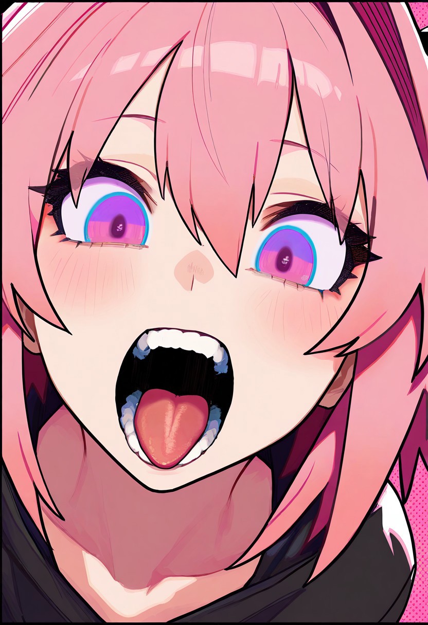 masterpiece, best quality, very aesthetic, high resolution, ultra-detailed, absurdres, newest, extremely detailed eyes, COOLSY, MXSTL, 1girl, astolfo, open mouth, pink eyes, pink hair, short hair, detailed pupils, jewelry, looking at viewer, pink background, teeth, portrait, brooch, pink dress, bangs, hair between eyes, tongue, black border