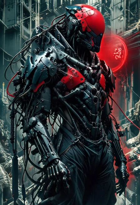 a neon red carbon soldier at night, edgy enough for a metal album cover, dynamic,  <lora:- iLL - the_edgy_mech_V2.0-step000013500:0.4>, <lora:- iLL - master_of_slob_omnom_V1.0-step00011500:.8>    <lora:noobai_vpred_1_blending_v1:0.8>  <lora:Far_Future_Sketch_Illustrious__Pony:0.8>cybervision.
