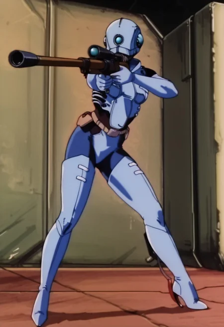 Blue_Eye, Combine_Assassin, a woman in a futuristic suit holding a gun, sensitive, 1girl, solo, holding, weapon, boots, high heels, gun, bodysuit, helmet, rifle, science fiction, aiming, genoCstyle, anime, retro anime