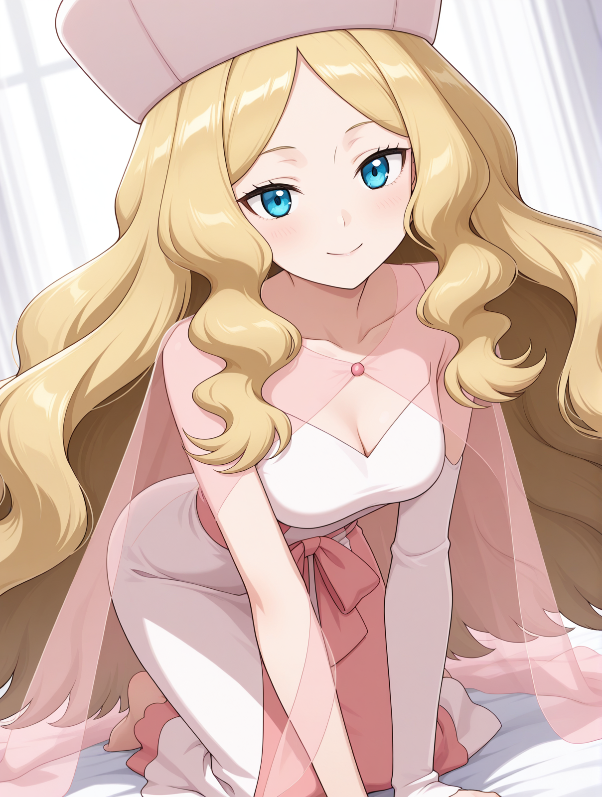 (white dress, pink dress, two-tone dress, pink cape, see-through cape, pink hat:1.50), 
pk-caitlin, blonde hair, very long hair, blue eyes, 
medium breasts, 1girl, 
(masterpiece, highres, ultra-detailed,very aesthetic, best quality, absurdres, high quality, highres), 
happy,
doggystyle,
(feet:0.90), 
BREAK,
,
,
(solo:0:4::0.40), (skinny:0.8),
(),
<lora:pk-caitlin-V01-illXL:0.70>