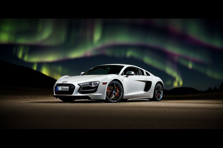 cars fantastic white, [2007 Audi R8], speed, intricate detail ,dark background , HD. Photograph , ((in high climb. Depth of field Natural lighting. Rifle welding guard. Beautiful natural dark night. Green northem lights)), extremely high quality RAW photograph, ultra detailed photograph, sharp focus, high resolution, (detailed skin:1,3),high quality, film grain, Fujifilm XT3,(Highly Detailed), movie, (Cinematic Photo:1.3) of (Realistic:1.3)