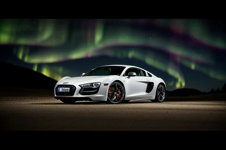 cars fantastic white, [2007 Audi R8], speed, intricate detail ,dark background , HD. Photograph , ((in high climb. Depth of field Natural lighting. Rifle welding guard. Beautiful natural dark night. Green northem lights)), extremely high quality RAW photograph, ultra detailed photograph, sharp focus, high resolution, (detailed skin:1,3),high quality, film grain, Fujifilm XT3,(Highly Detailed), movie, (Cinematic Photo:1.3) of (Realistic:1.3)
