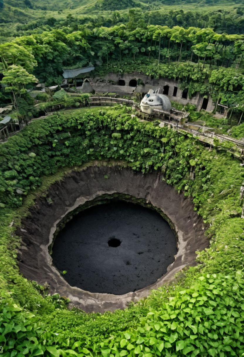 arafed view of a large crater with a walkway in the middle, real life totoro, beautiful hd, everything enclosed in a circle, hou china, pacal votan, looming over the earth, well - decorated, huge black round hole, ivy, solar, <hd, ad, top