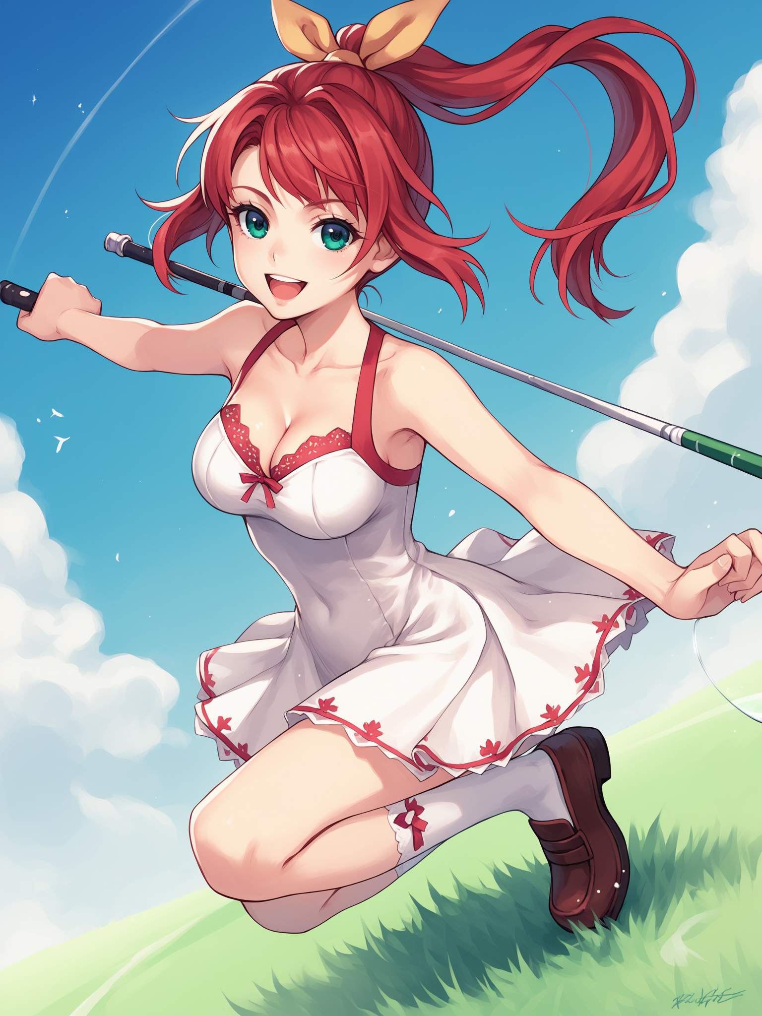 score_9,score_8_up,score_7_up,score_6_up, source_anime,
1girl, solo, <lora:SeeDark_Style_Pony_v3:0.9>, red hair, ponytail, green eyes, swinging golf club, green grass, blue sky, sleeveless, one-piece dress, (white dress with red trim), bare shoulders, brown loafers, white socks, bare legs, golf ball, dynamic angle, foreshortening, fantasy, miniskirt, yellow ribbon, open mouth, smile, confident, collarbone, cleavage,