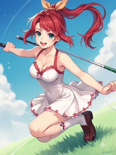 score_9,score_8_up,score_7_up,score_6_up, source_anime,
1girl, solo, <lora:SeeDark_Style_Pony_v3:0.9>, red hair, ponytail, green eyes, swinging golf club, green grass, blue sky, sleeveless, one-piece dress, (white dress with red trim), bare shoulders, brown loafers, white socks, bare legs, golf ball, dynamic angle, foreshortening, fantasy, miniskirt, yellow ribbon, open mouth, smile, confident, collarbone, cleavage,