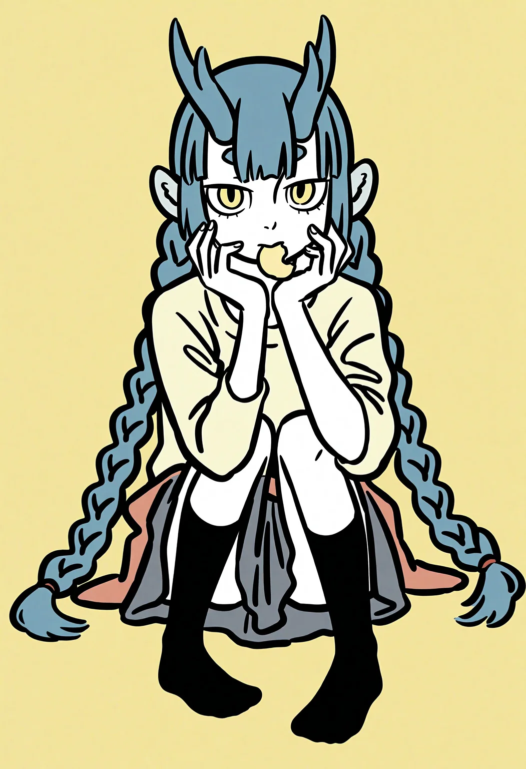 1girl,
longnv \(feiren zai\),
feiren zai \(style\),flat color,
solo,full body,looking at viewer,sitting,blunt bangs, simple background, yellow background, knees together feet apart,shirt,skirt,hair ornament,food,twin braids,yellow shirt,food in mouth,clothes around waist,jacket around waist,chips \(food\),potato chips,dragon horns,horns,blue hair,yellow eyes,short eyebrows,thick eyebrow,hugging own legs,dragon girl, braid,jacket,black legwear,   hands on own face, hand up,
this work is part of the "feiren zai" series,featuring a character named longnv. longnv is a 12-year-old girl with blue hair,straight bangs,and a pair of horns of the same color as her hair under the bangs.
safe,very awa,masterpiece,best quality,amazing quality,very aesthetic,absurdres,highres,newest,year 2024,
<lora:frz_wlq_v3_d_v3_noobaiXLNAIXLV101:0.95>