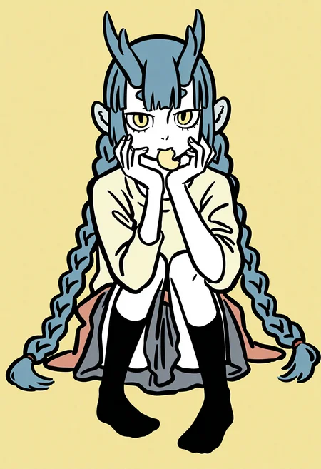 1girl,
longnv \(feiren zai\),
feiren zai \(style\),flat color,
solo,full body,looking at viewer,sitting,blunt bangs, simple background, yellow background, knees together feet apart,shirt,skirt,hair ornament,food,twin braids,yellow shirt,food in mouth,clothes around waist,jacket around waist,chips \(food\),potato chips,dragon horns,horns,blue hair,yellow eyes,short eyebrows,thick eyebrow,hugging own legs,dragon girl, braid,jacket,black legwear,   hands on own face, hand up,
this work is part of the "feiren zai" series,featuring a character named longnv. longnv is a 12-year-old girl with blue hair,straight bangs,and a pair of horns of the same color as her hair under the bangs.
safe,very awa,masterpiece,best quality,amazing quality,very aesthetic,absurdres,highres,newest,year 2024,
<lora:frz_wlq_v3_d_v3_noobaiXLNAIXLV101:0.95>