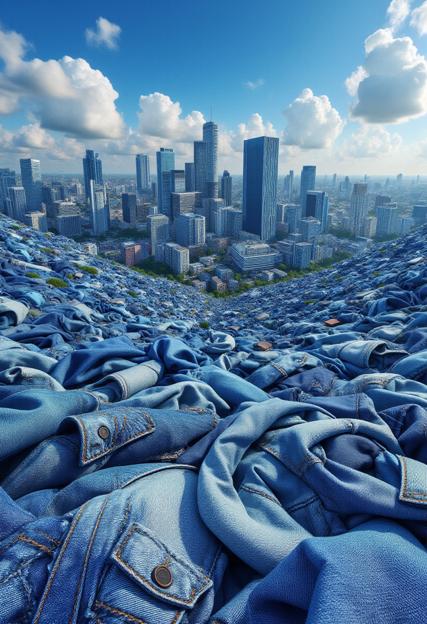 <lora:Denim_Dreamer_FLUX-000021:0.9>  
The image is a CGI rendering of a cityscape designed to resemble a patchwork quilt made from denim fabric, complete with a whimsical, surreal aesthetic.