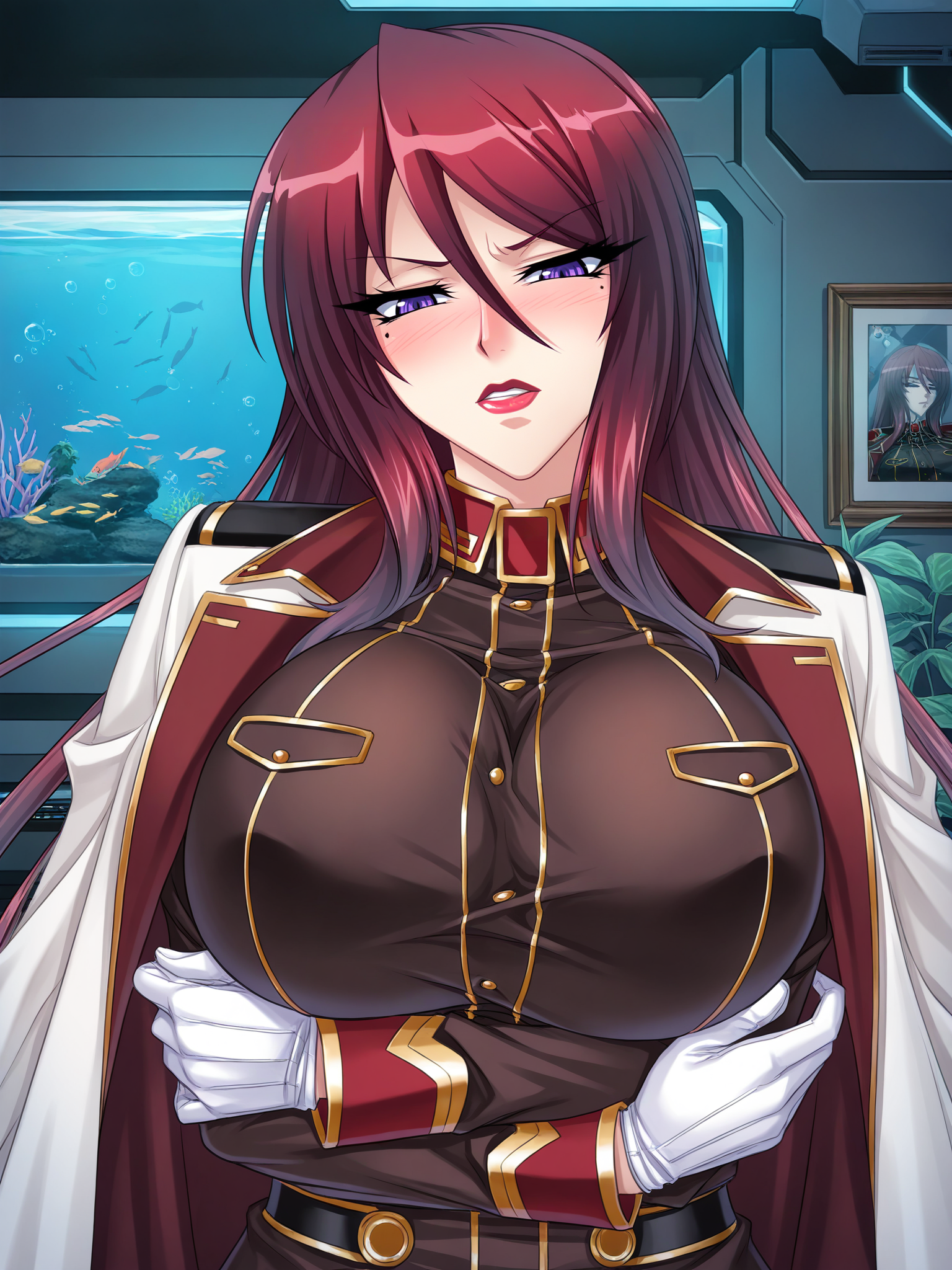 masterpiece, good quality, best quality, shadow, 
Beatrice kushan, standing, crossed arms, upper body, crossed hands,
1girl, mature female, solo,
looking at viewer, determined, blush, parted lips, annoyed, half-closed eyes, head tilt,
long hair, purple eyes, lipstick, red lips, mole under eye,
brown military uniform, white gloves, white coat, coat on shoulders,
curvy, large breasts,
indoors, spacecraft interior, luxury room, portrait \(object\), fish tank,
 <lora:Beatrice Kushan3216 NoobAIXL V-pred:1>