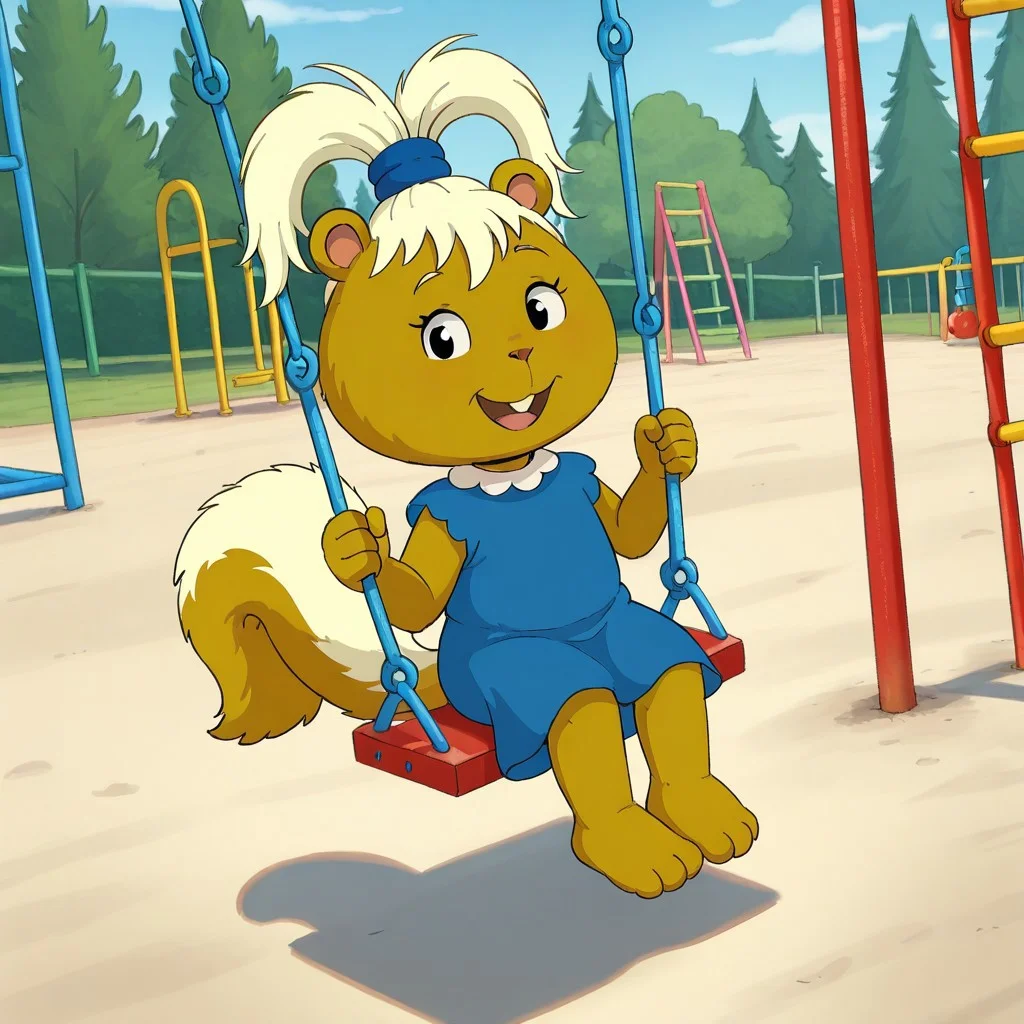 NadineF, 1girl, solo, squirrel, light-colored hair tied with a blue band, buck tooth, blue dress, white collar, bushy tail, barefoot, open mouth, sitting on swing, looking at viewer, outdoors, playground, swingset, detailed background