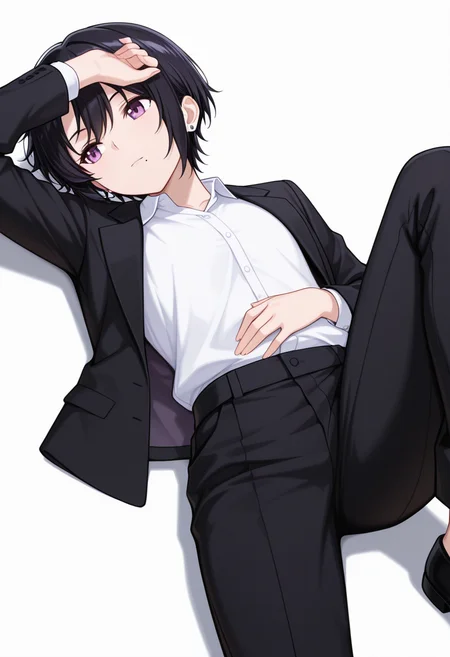 masterpiece,high quality details, absurdres,
lying supine, one knee up, arm draped over forehead, other hand on stomach ,
<lora:kuro:0.8> kuro_cnr, 1girl,black hair, short hair, purple eyes, mole under mouth, formal, suit, jacket, white shirt,pants, earrings,androgynous,, d:,, simple background, white background, front view,solo,