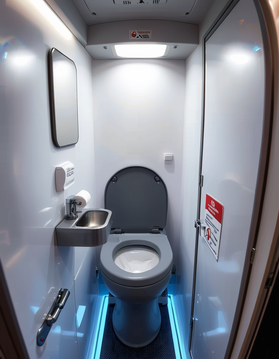 A highly detailed and realistic photograph of an airplane lavatory. The small, compact space features light gray plastic walls with subtle texture, a stainless-steel sink with a motion-sensor faucet, and a mirror reflecting the narrow interior. The toilet is sleek, with a closed lid and a small instruction sticker on top. A soft, dim overhead light illuminates the space, creating a sterile yet functional atmosphere. On the side, a dispenser for paper towels and a built-in trash compartment are visible. The door has a small lock mechanism and an 'Occupied' sign. The floor is dark, non-slip material, and there are small signs with safety instructions in multiple languages. The perspective is slightly wide-angle, capturing the entire space from a slightly tilted angle, emphasizing the compact design. 
<lora:SDXLFaeTastic2400:0.4> <lora:extremely_detailed:0.4> extremely detailed,<lora:airplane_l4v4t0ry:1>,airplane l4v4t0ry, Masterpiece,best quality,hi res,8k,hi res,8k,award winning,(sharp focus, intricate, highly detailed),