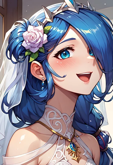 score_9, score_8_up, score_7_up, <lora:pony_xl_dana:1>, Dana, 1girl, solo, hair over one eye, shiny hair, wedding dress, hair flower, blush, happy