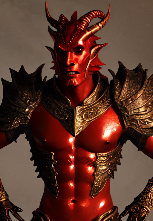 <lora:Dremora:0.8>, a male creature, Dremora, solo, colored skin, red skin, upper body, horns, copper skin, diamond body, petite breasts, (masterpiece, best quality, absurdres, detailed, ultra-detailed:1.3), (trending on CGSociety, trending on pixiv, contest winner:1.3)