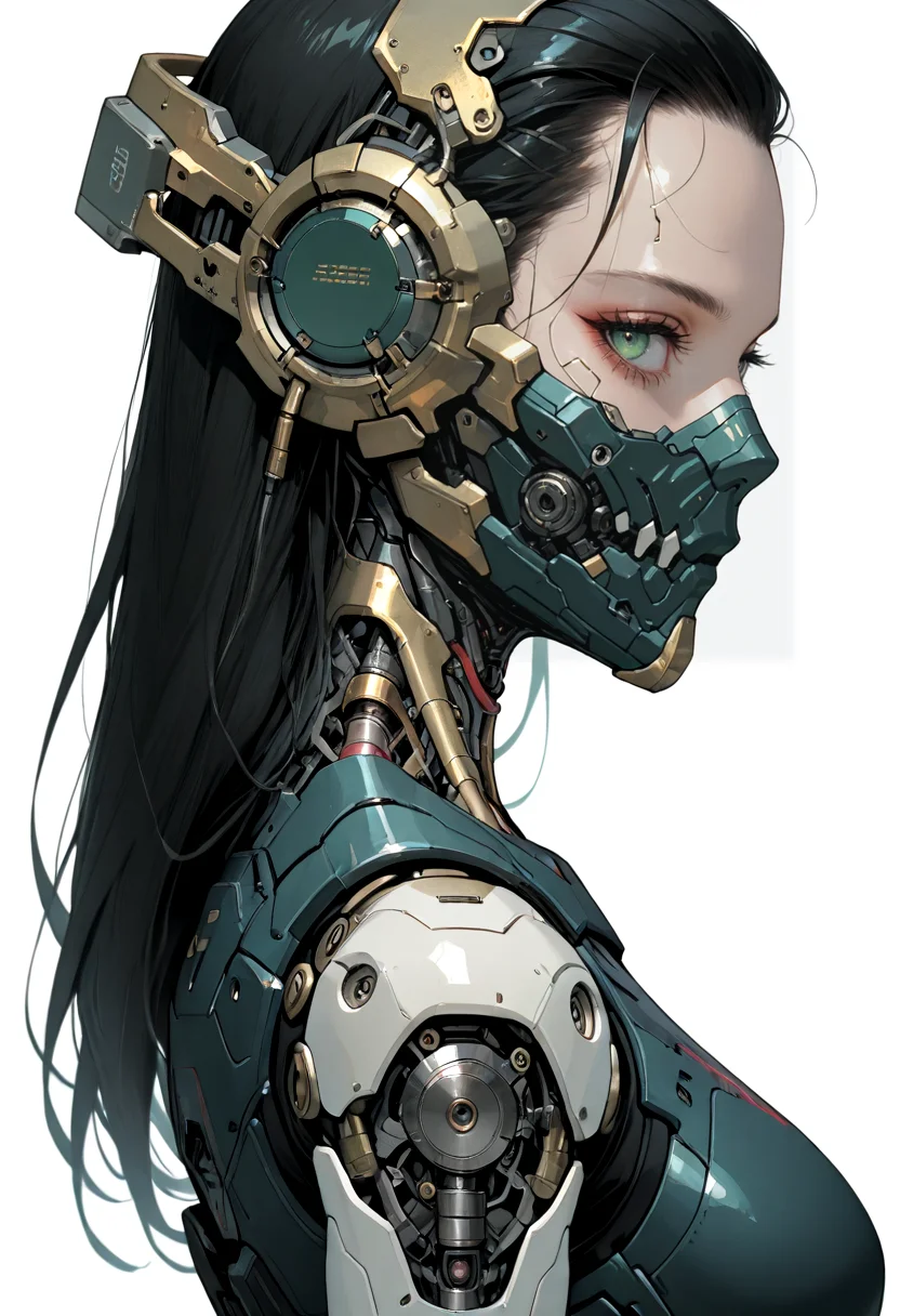 masterpiece, best quality, good quality, very awa, very aesthetic, absurdres, newest, 
1girl, solo, long hair, green eyes, hair slicked back, black hair,
closed mouth, medium breasts, armor, eyelashes, profile, mask, forehead, science fiction, mouth mask, sideways glance, 
android,  black and bronze body, tactile gear, 
cyborg, robot joints, mechanical parts, cyberpunk, looking at viewer, upper body,from side, simple background, white background
<lora:add-detail-xl:2.0>  <lora:Sinozick_Style_XL_Pony:0.9>  <lora:BioPunky:0.6> <lora:Cyberdemon_Engine-Grim:0.7>