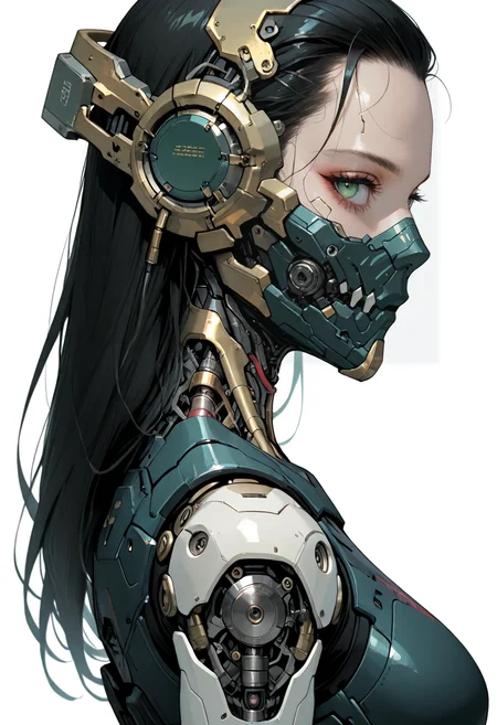 masterpiece, best quality, good quality, very awa, very aesthetic, absurdres, newest,
1girl, solo, long hair, green eyes, hair slicked back, black hair,
closed mouth, medium breasts, armor, eyelashes, profile, mask, forehead, science fiction, mouth mask, sideways glance,
android, black and bronze body, tactile gear,
cyborg, robot joints, mechanical parts, cyberpunk, looking at viewer, upper body,from side, simple background, white background
<lora:add-detail-xl:2.0> <lora:Sinozick_Style_XL_Pony:0.9> <lora:BioPunky:0.6> <lora:Cyberdemon_Engine-Grim:0.7>
