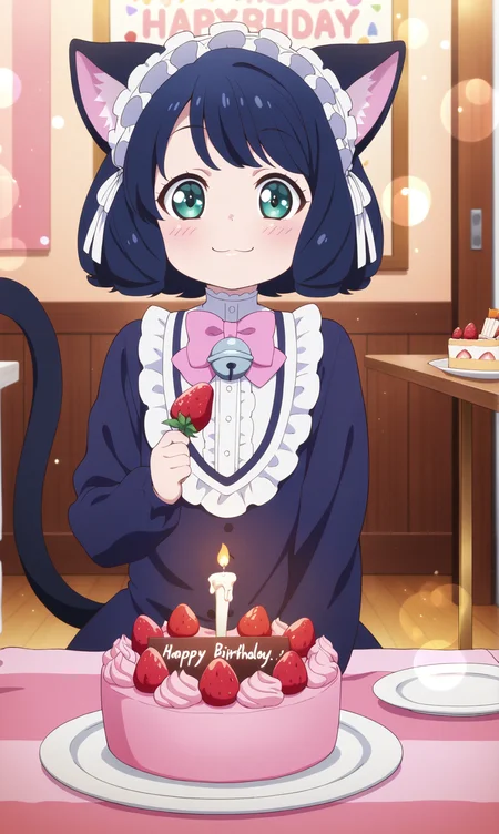 masterpiece, best quality, curvy, beautiful eyes, zzcyanhijirikawa, 1girl, solo, looking at viewer, food, cake, cute, green eyes, long hair, fruit, black hair, striped clothes, bowtie, short hair, blue hair, animal ears, cat ears, cat tail, strawberry, candle, birthday cake, blush, upper body, holding, hood, aqua eyes, bow, smile, happy birthday, aged down, pink bow, table, closed mouth, long sleeves, birthday, upper body, plate, blurry, holding food, indoors, :3, fashion, jingle bell, maid headdress, child, female child, aged down, depth of field, blurry background, bokeh, sitting,