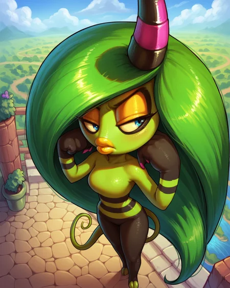 score_9, score_8_up, score_7_up, solo focus, 1girl, Zeena, horn, long hair, green skin, green hair, yellow lips, makeup, bored, standing, comfortable pose, BREAK, dynamic angle, detailed background, outdoors, <lora:Zeena_-_Sonic_Lost_World_Character_PonyDiffusionXL:1>