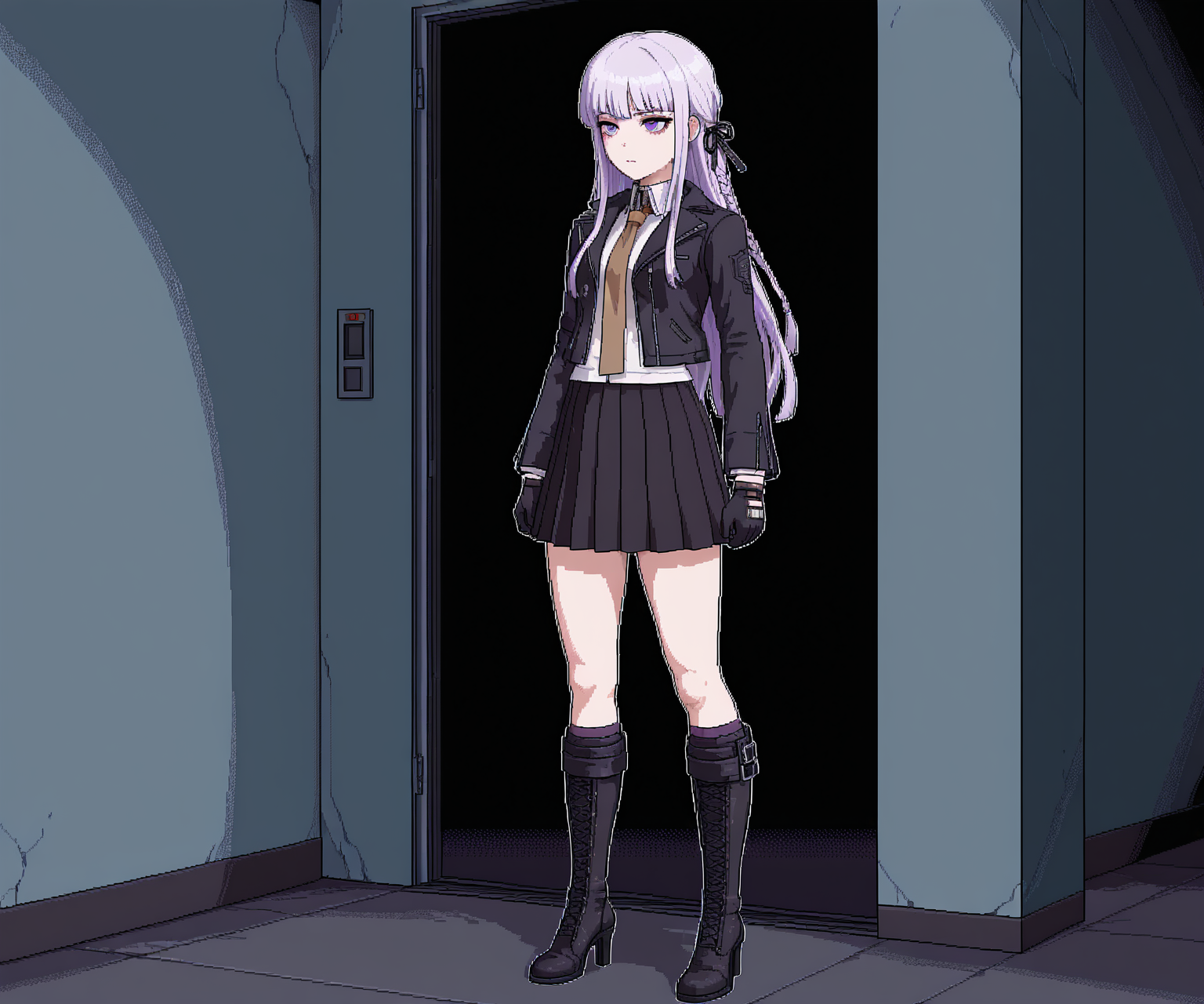 masterpiece, best quality, amazing quality,  1girl, solo,  horror \(theme\), <lora:World of Horror style:1.2> WoH, pixel art,  <lora:Kyoko  [Illustrious] - Danganronpa:0.6> DRK1r1g1r1, purple eyes, long hair, side braid, purple hair, black ribbon, hair ribbon, black jacket, open jacket, white shirt, brown necktie, black gloves, black skirt, pleated skirt, black footwear, knee boots, high heel boots