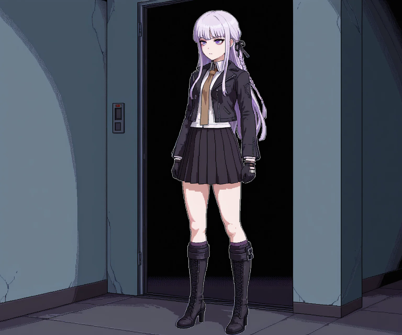 masterpiece, best quality, amazing quality,  1girl, solo,  horror \(theme\), <lora:World of Horror style:1.2> WoH, pixel art,  <lora:Kyoko  [Illustrious] - Danganronpa:0.6> DRK1r1g1r1, purple eyes, long hair, side braid, purple hair, black ribbon, hair ribbon, black jacket, open jacket, white shirt, brown necktie, black gloves, black skirt, pleated skirt, black footwear, knee boots, high heel boots