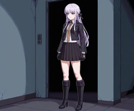 masterpiece, best quality, amazing quality,  1girl, solo,  horror \(theme\), <lora:World of Horror style:1.2> WoH, pixel art,  <lora:Kyoko  [Illustrious] - Danganronpa:0.6> DRK1r1g1r1, purple eyes, long hair, side braid, purple hair, black ribbon, hair ribbon, black jacket, open jacket, white shirt, brown necktie, black gloves, black skirt, pleated skirt, black footwear, knee boots, high heel boots
