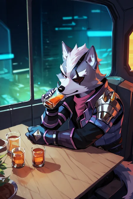 score_9, score_8_up, score_7_up, <lora:Wolf_ODonnell:1> wolf o'donnell, in spaceship, drinking alcohol, sitting, table,