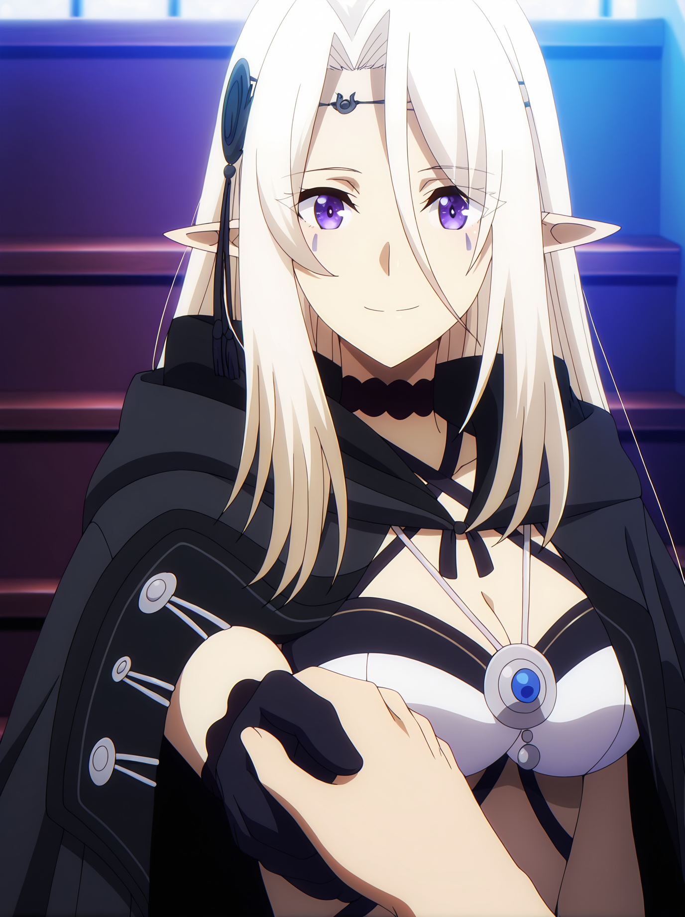 <lora:Beatrix:0.8>, beatrix, 1girl, solo, purple eyes, very long white hair, pointy ears, facial mark, black cloak, crescent hair ornament, black choker, white strappy crop top, cleavage, black gloves, happy, smile, closed mouth, standing, holding hand, pov, pov hands, looking at viewer, upper body, cropped, simple background, stairs, dark, high contrast, backlighting